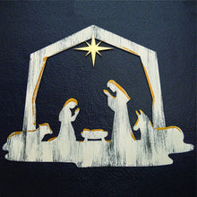 Load image into Gallery viewer, Christmas Nativity Wall Art, Handpainted 3D Wall Decor, 18x23 Inches, White with Gold Paint
